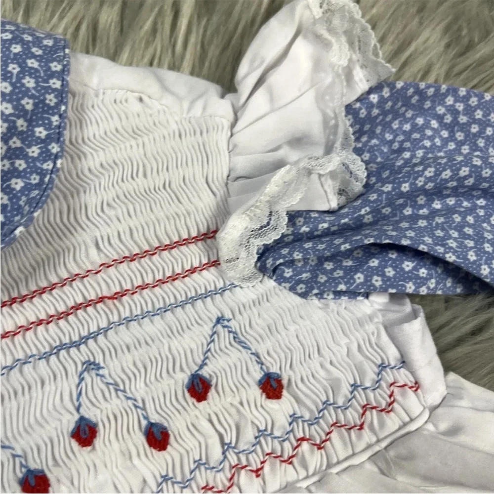 Vintage Toddler Girls Cradle Togs Blue White Floral Ruffle Dress